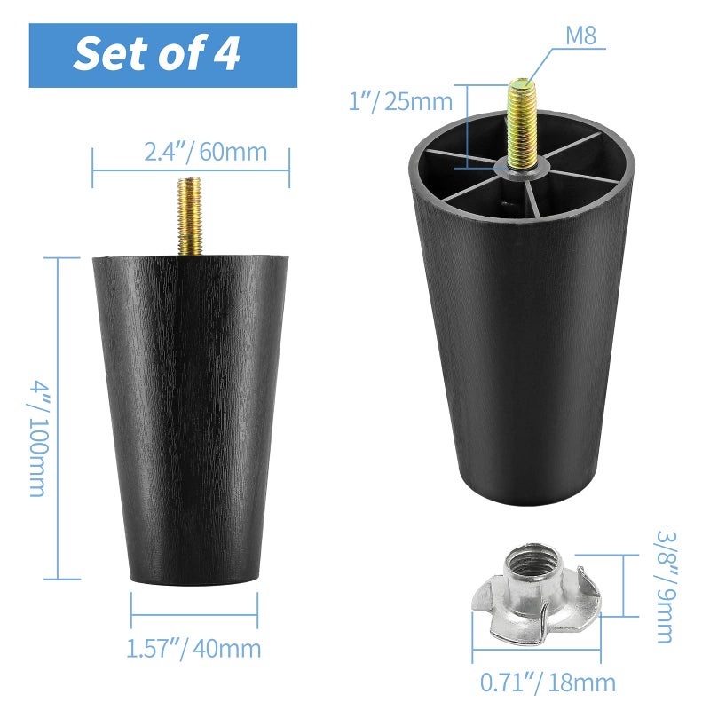 Masendelk 4 inch Plastic Furniture Legs, Round Tapered Table Legs Black Sofa Legs Replacement Legs with M8 Hanger Bolts for Couch Table Sofa, Pack of 4 - Image 3